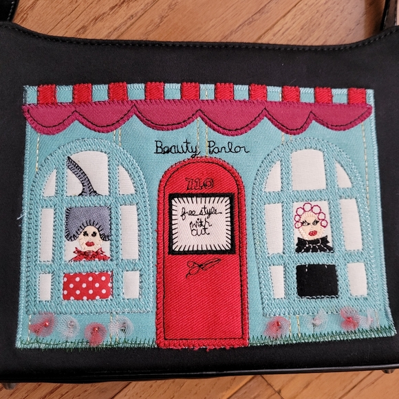 Forever by Fossil Beauty Parlor Tote Purse Handbag Applique Black Blue Red Y2K - Picture 2 of 10